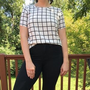 White Shortsleeved Blouse with Grid Pattern